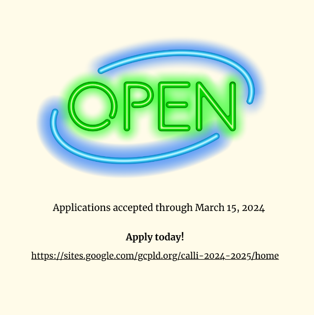 Open neon sign with text underneath: Applications accepted through March 15, 2024. Apply today!